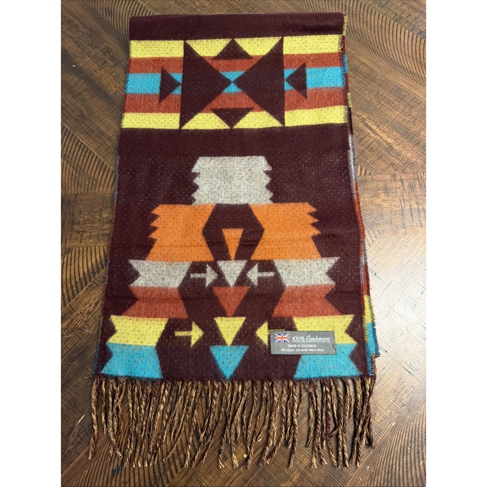 100% Cashmere Scottish Made Scarf 11.5 x 64 Fringe Aztec Print Western